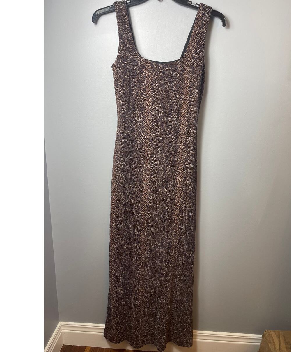 Vintage 90s Betsy & Adam Metallic Snakeskin Maxi Dress Gown V-Neck Size 12